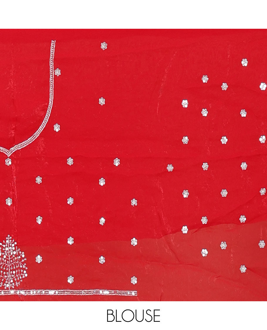 Tomato red half-saree, buttas, tree, and peacock motifs embroidered semi-taffeta silk top, matching blouse, and contrast scallop embroidered dhavani