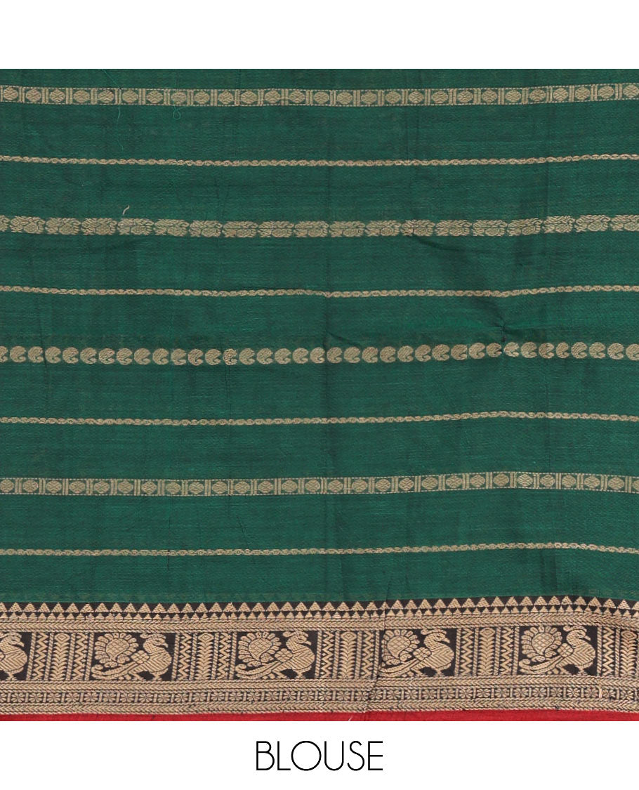 Green-red mercerised cotton half-saree, traditional design resham thread skirt, matching traditional design blouse & contrast syska georgette dhavani