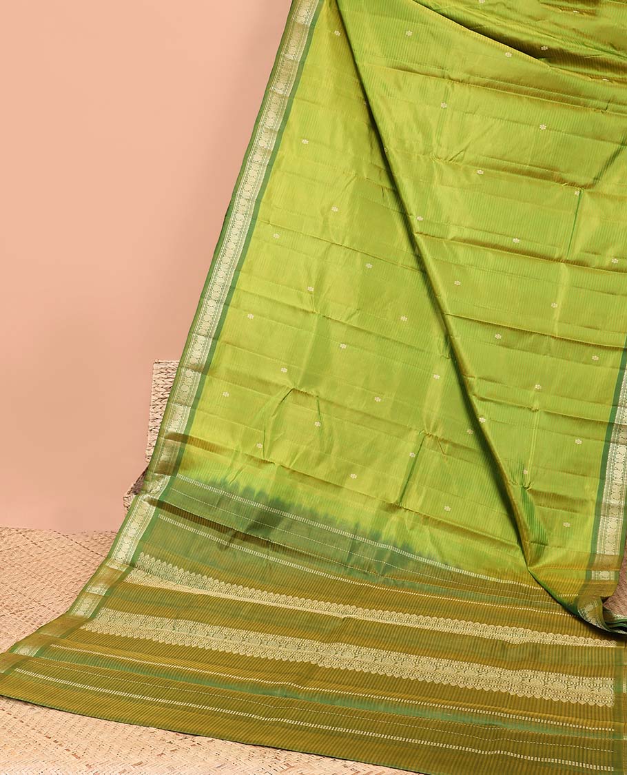 Green striped flower buttas kancheepuram silk saree with contrast border of sombu, paisley design & zari design pallu