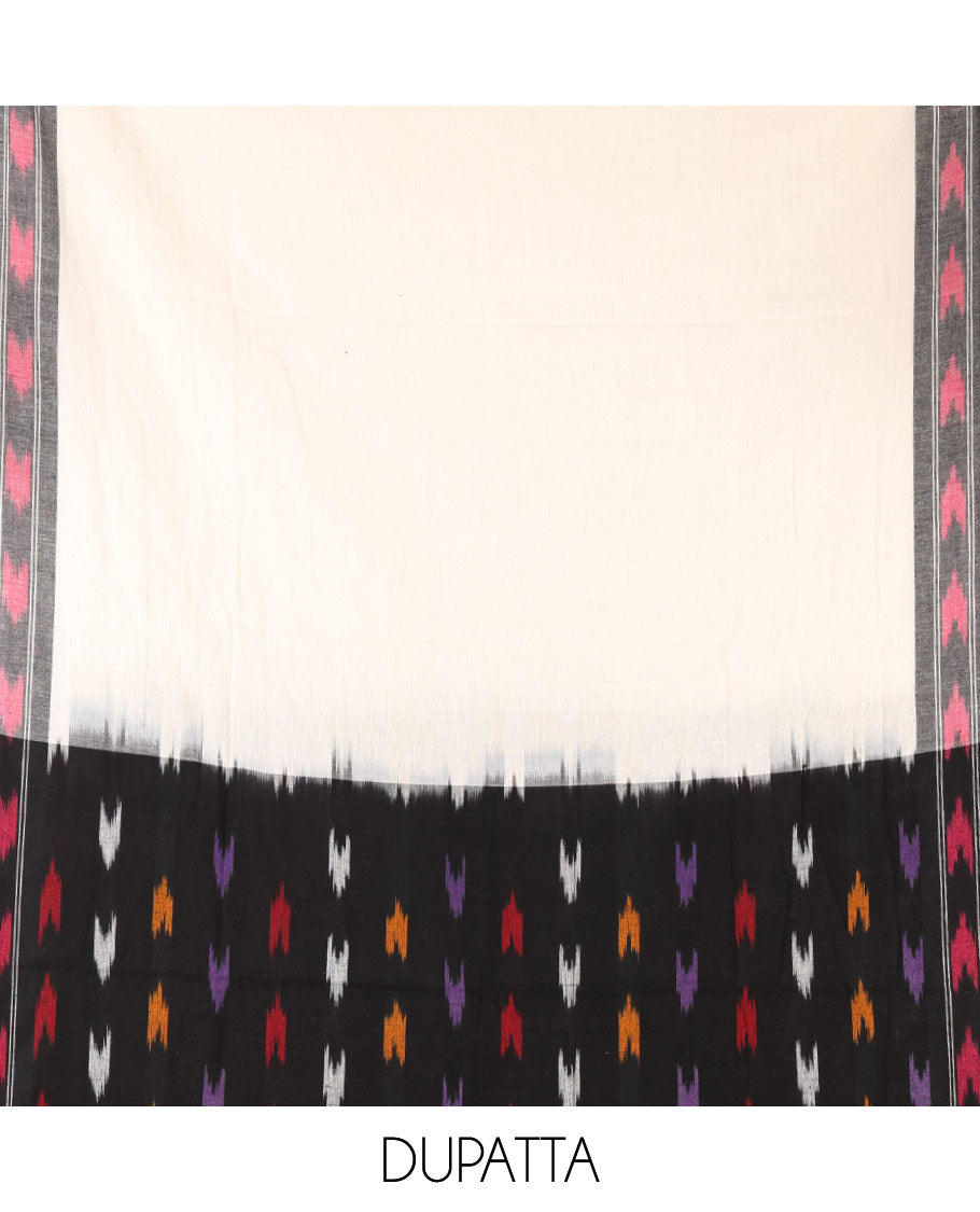 Black material chudidar set, multi-color buttas woven pochampally pure ikkat cotton top, contrast cream bottom & ikkat motifs cotton dupatta