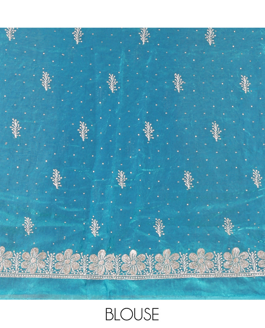 Firozi Blue Fendi Organza Half-Saree Set, Features Floral Embroidered Skirt, Matching Blouse, Embroidered Dupatta