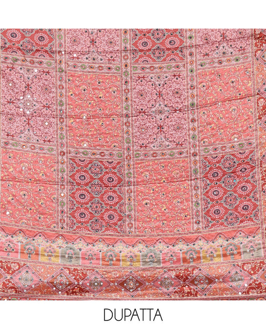 Peach material chudidar set, intricately printed with original mirror work crepe top, Italian crepe bottom, and chinon digital print, mirror work dupatta