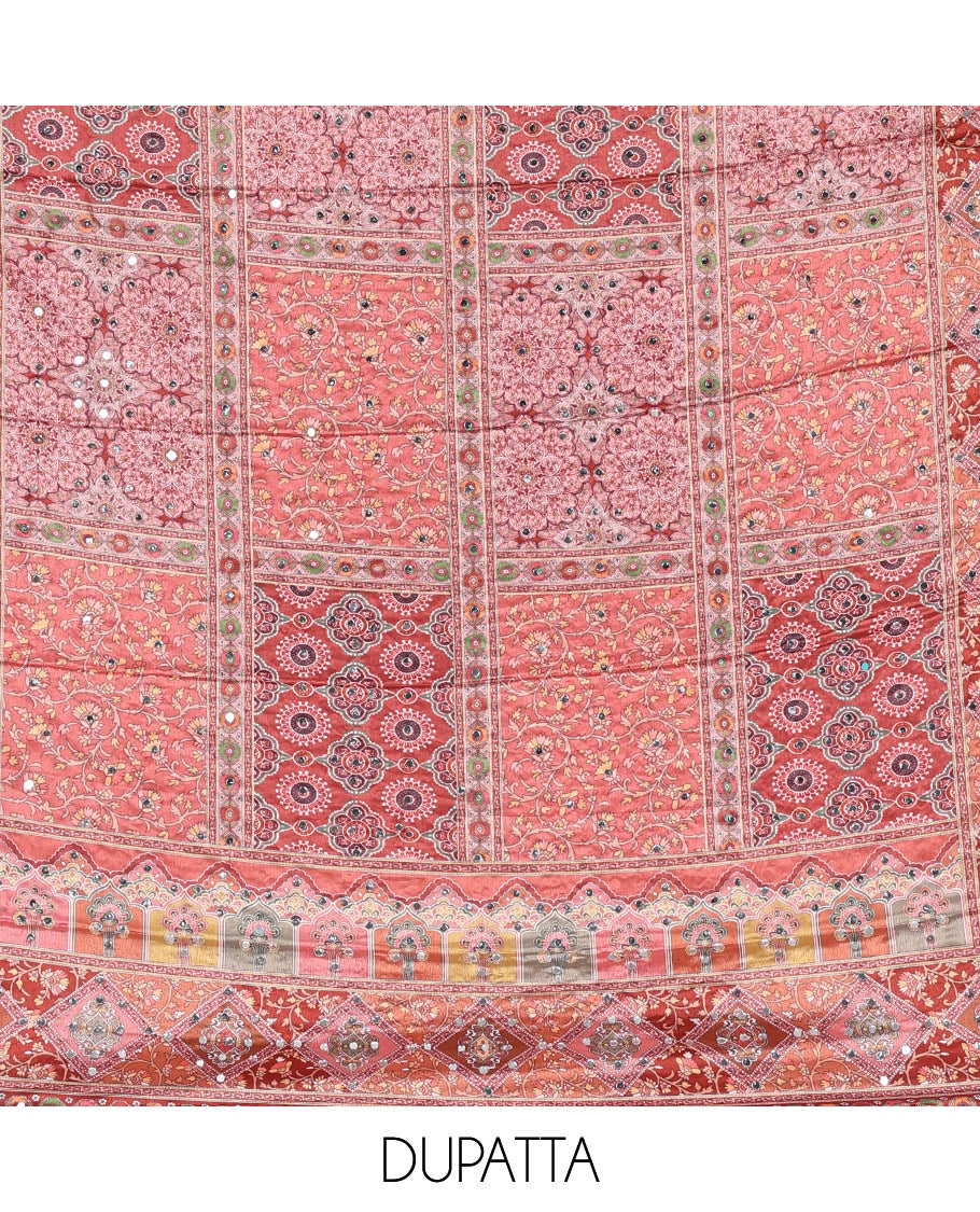 Peach material chudidar set, intricately printed with original mirror work crepe top, Italian crepe bottom, and chinon digital print, mirror work dupatta