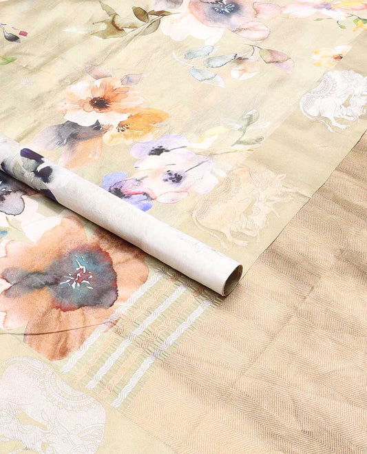 Beige floral design raw mango silk saree with contrast pichwai style border & vanki design pallu