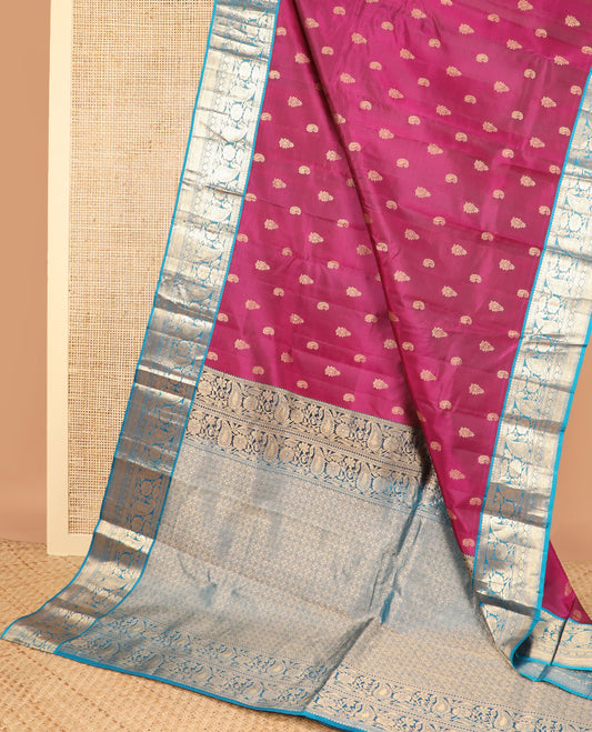 Purple leaf buttas silk saree with contrast zari design border & floral jaal design pallu