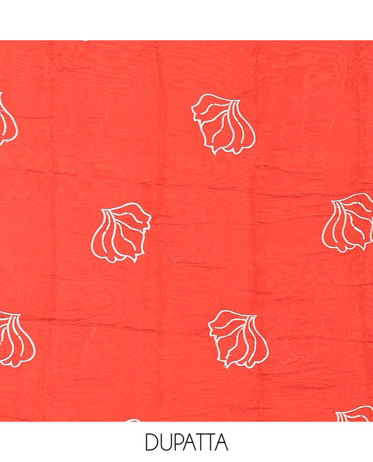 Rust Mul Chanderi Material Churidar Set, Decorated with Flower Embroidery and Sequins Work V-Neck Top, a Plain Santoon Bottom, and Paired with a Mul Chanderi Floral Embroidered Dupatta