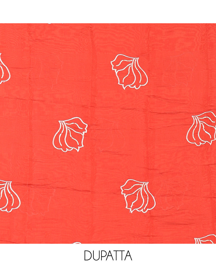Rust Mul Chanderi Material Churidar Set, Decorated with Flower Embroidery and Sequins Work V-Neck Top, a Plain Santoon Bottom, and Paired with a Mul Chanderi Floral Embroidered Dupatta