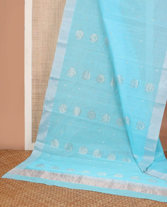Light blue floral motifs chanderi cotton saree with contrast  border & striped pallu