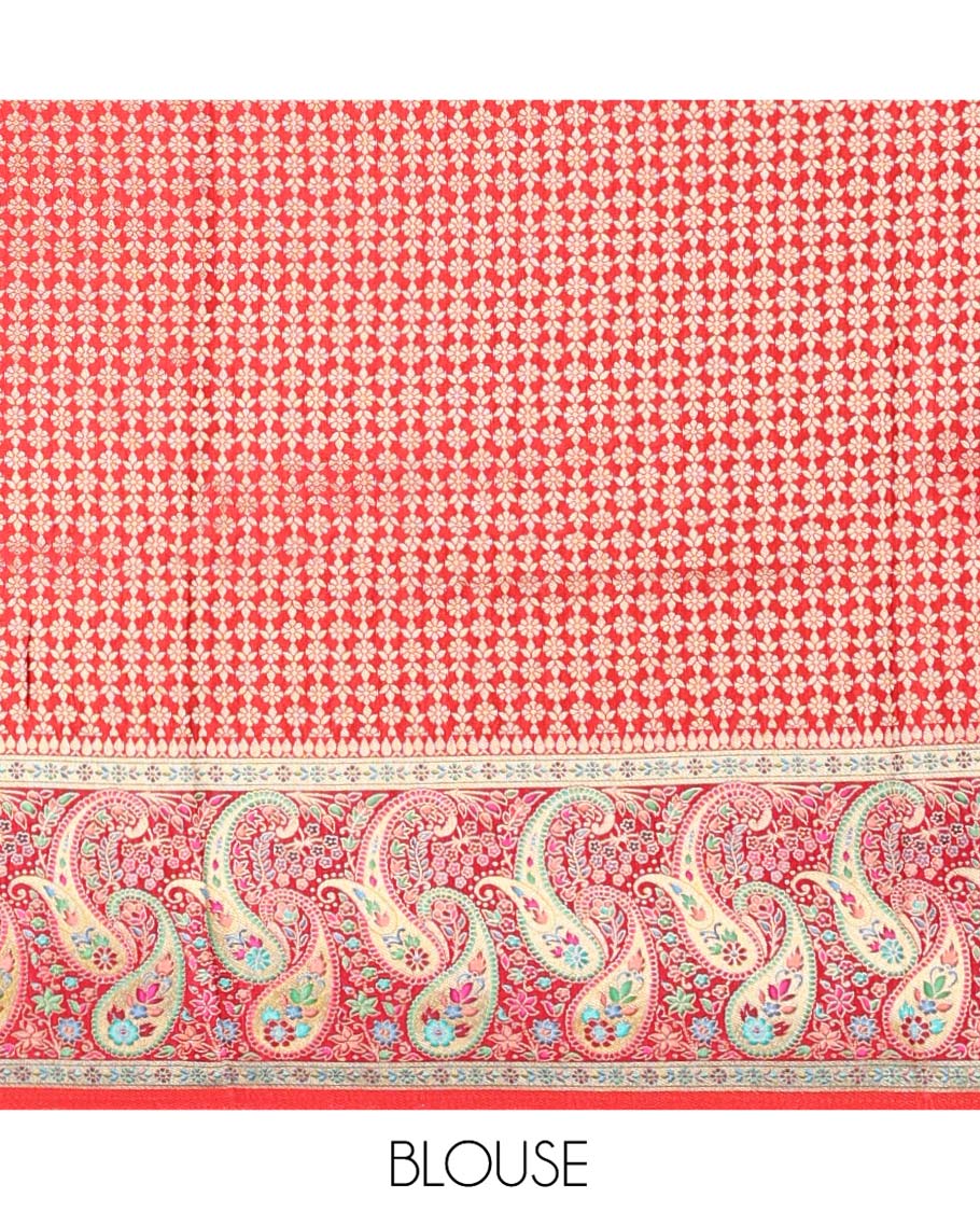 Mustard Dola Silk Saree, Elegantly Printed with Colorful Floral-Paisley Vine Design on Its Body, Complemented by Contrast Paisley Design Border, Pallu of Paisleys, and Paired with a Contrast Blouse