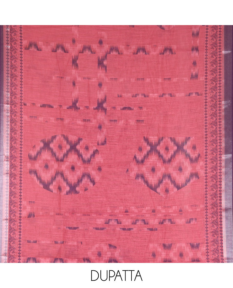 Wine Vertican silk material chudidar set, vertical ikkat stripes, and kantha work top, contrast plain slub cotton bottom, and linen contrast ikkat printed zari border dupatta