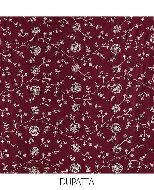 Pink Vichitra silk material churidar set, floral motifs embroidered top, contrast Santoon bottom, and floral vine thread embroidered scallop dupatta