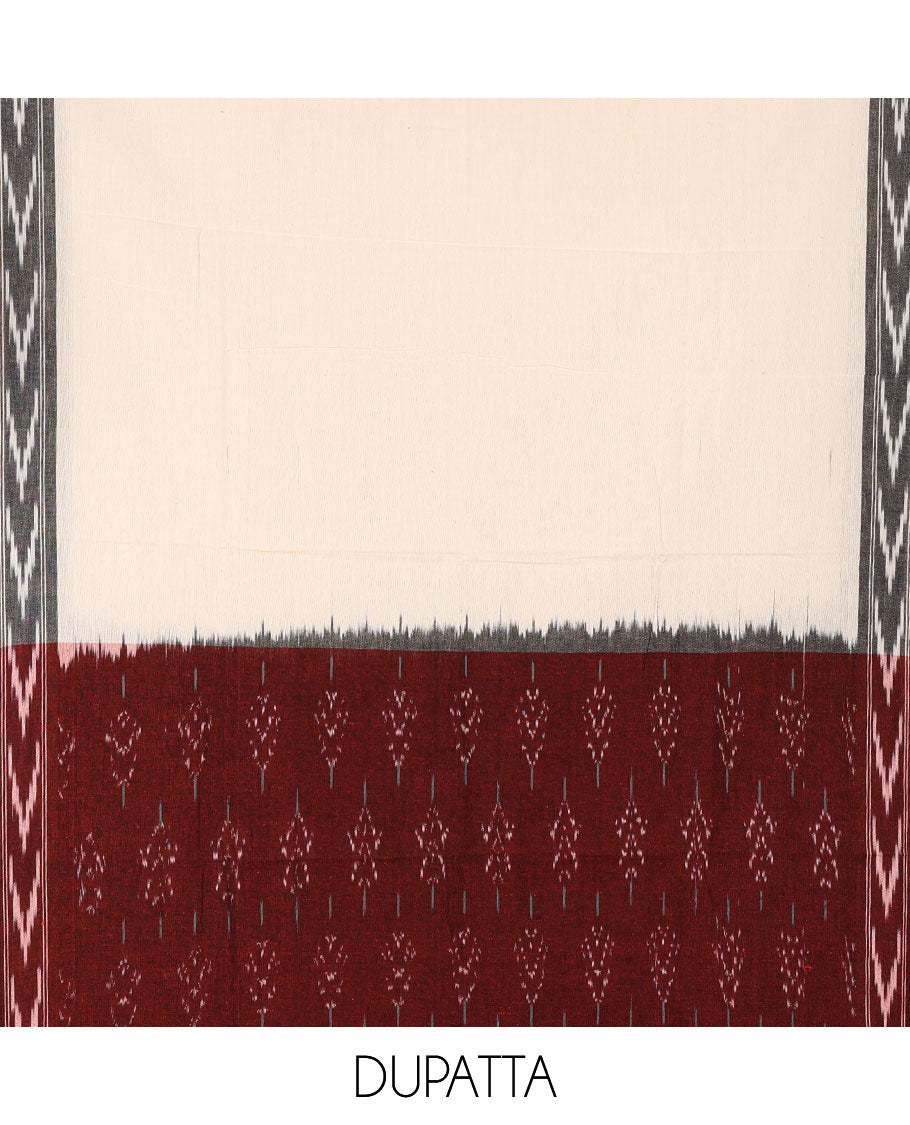 Maroon material chudidar set, pochampally ikkat printed pure cotton top,contrast cream cotton bottom & pochampally ikkat printed dupatta