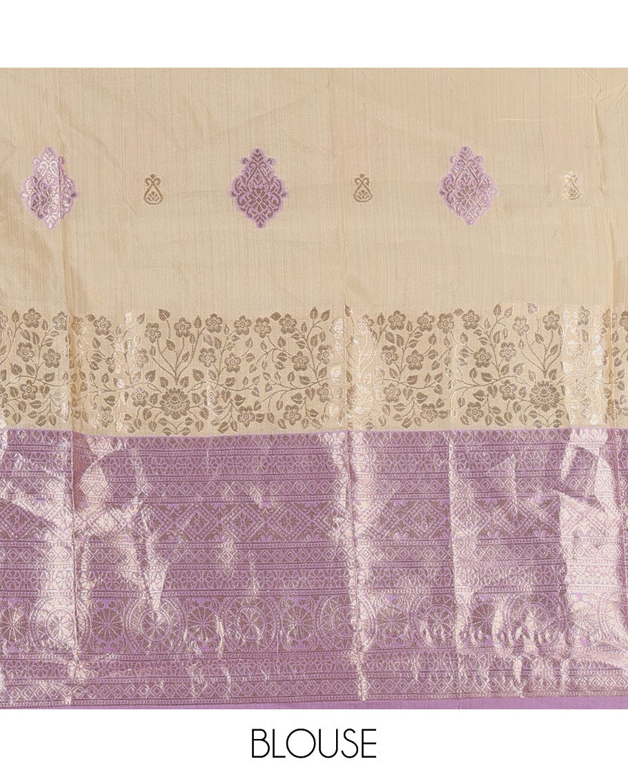 Cream taffeta silk half saree, meena buttas skirt, contrast lavender traditional zari border, matching blouse, and zari woven dhavani