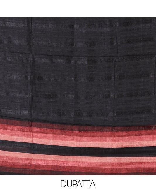 Black material chudidar set, horizontal brown-ombre striped semi-tussar top, plain santoon bottom & horizontal pink-ombre striped dupatta with tassels