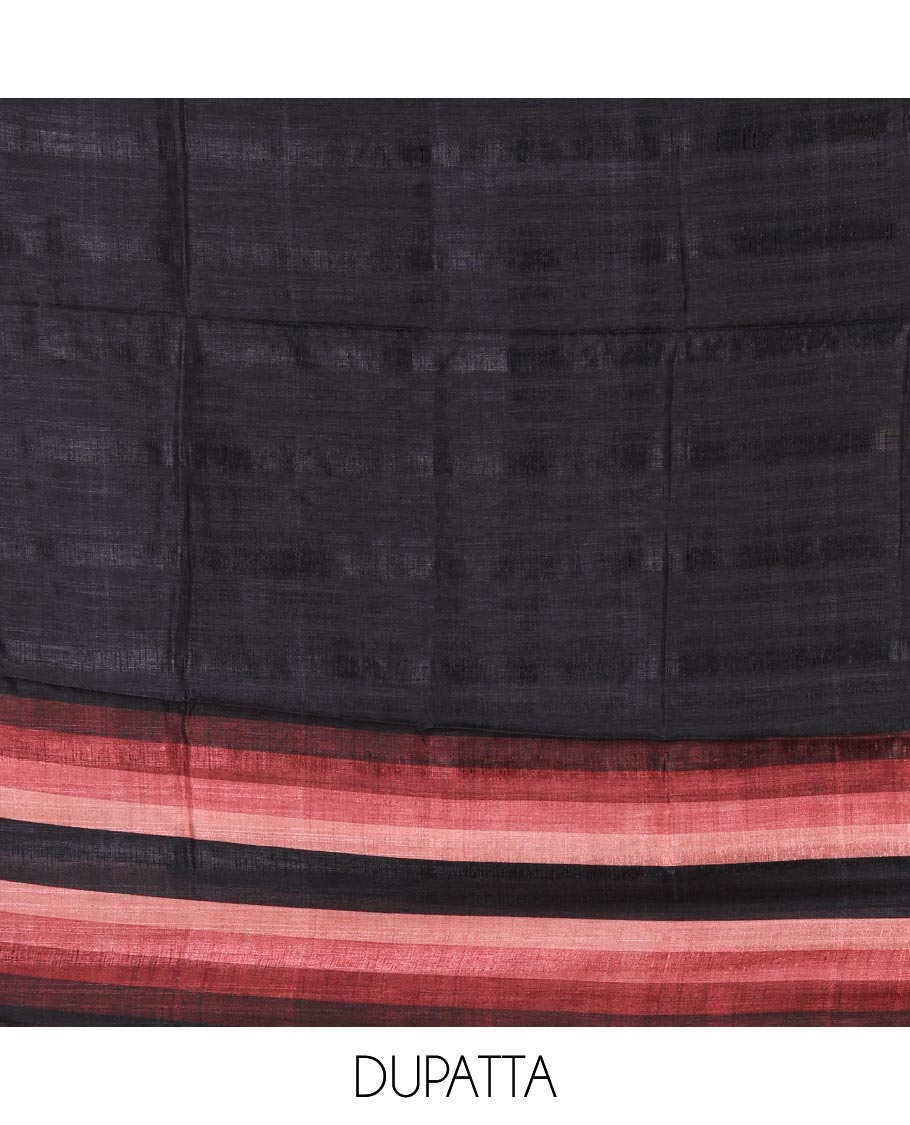 Black material chudidar set, horizontal brown-ombre striped semi-tussar top, plain santoon bottom & horizontal pink-ombre striped dupatta with tassels