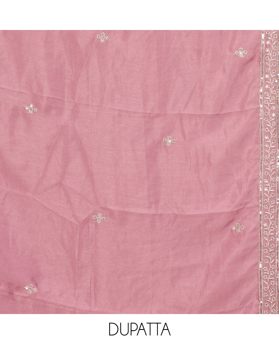 Wine Vichitra silk material chudidar set, floral design neck embroidered top, santoon bottom & contrast embroidered Vichitra silk dupatta