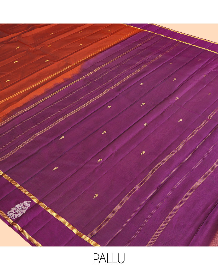 Rust Kanchipuram Silk Saree, Woven with Zari Buttas, a Contrast Traditional Zari Border, Zari Design Pallu, and a Contrast Blouse