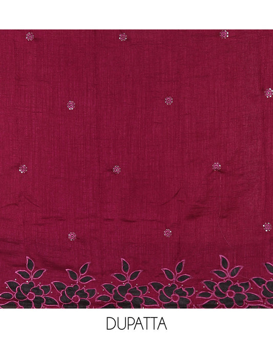 Magenta material chudidar set, sequins work with floral Aplic embroidered Vichitra silk top, matching bottom, and an embroidered dupatta