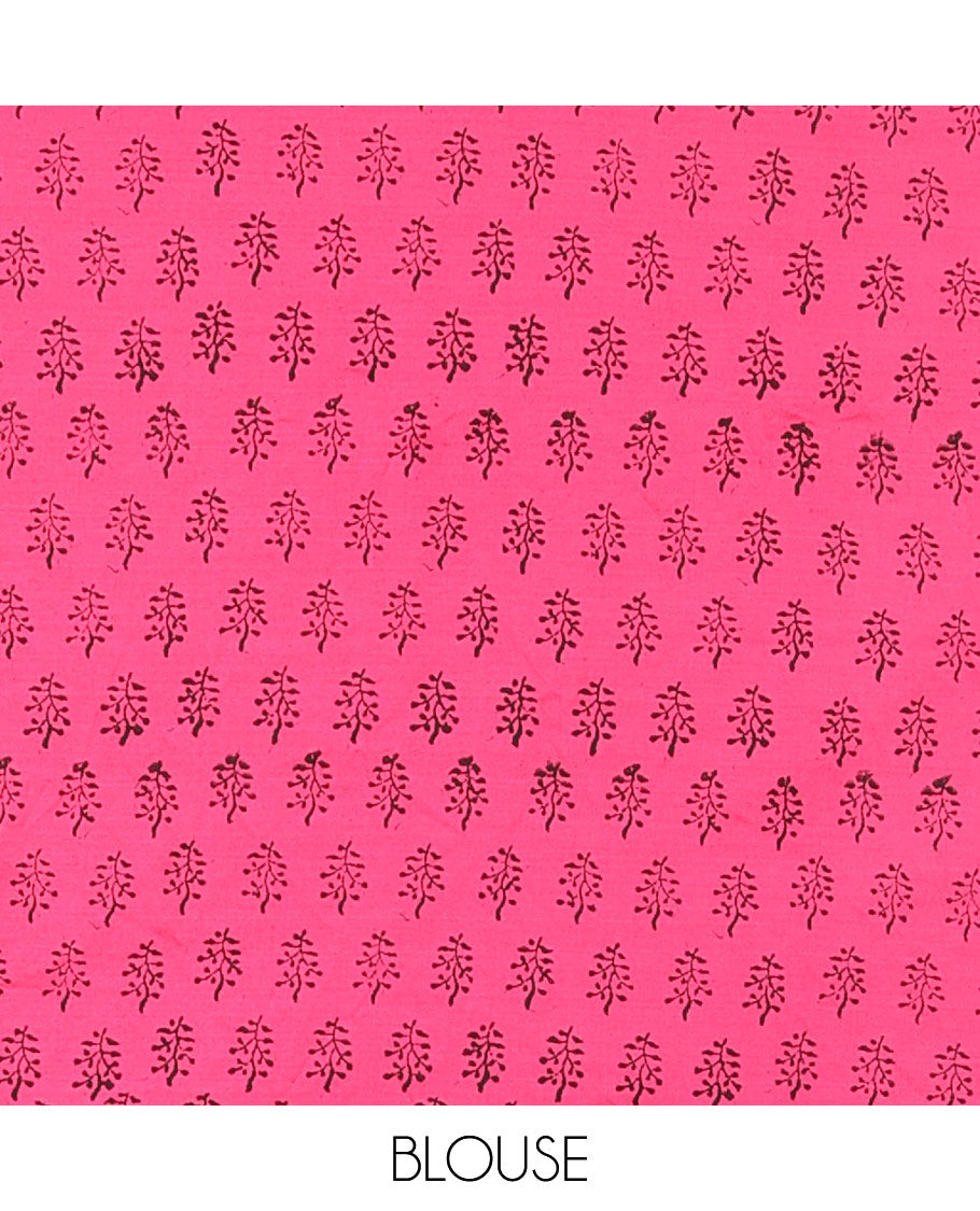 Black floral block printed South cotton saree, floral vine block printed border, floral printed pallu, and a matching blouse and a contrast floral motifs printed blouse