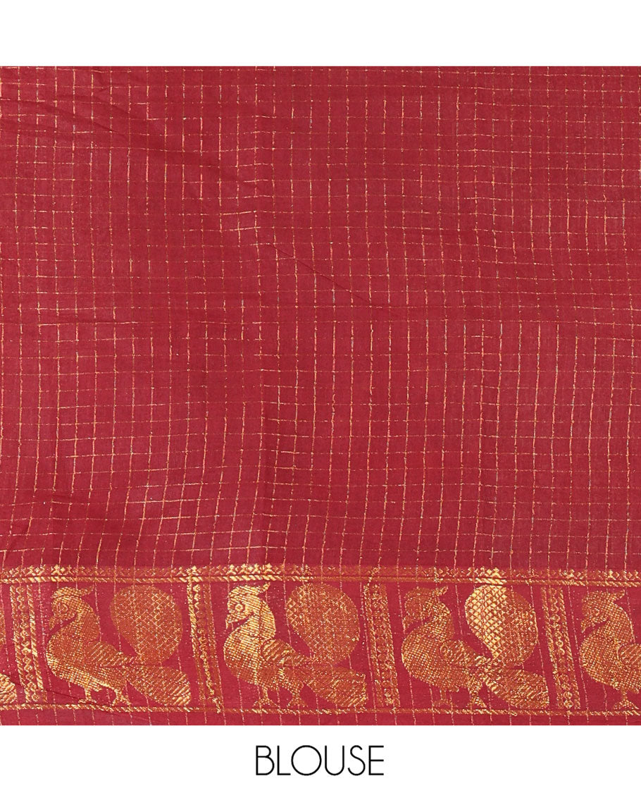 Rust and Maroon Plain Sungudi Cotton Half-saree, Complemented by Captivating Contrast Traditional Zari Border of Temple, Peacock, and Elephant Designs, Paired with a Contrast Zari Checked Blouse, and Comes with a Zari-Bordered Vichitra Silk Dhavani