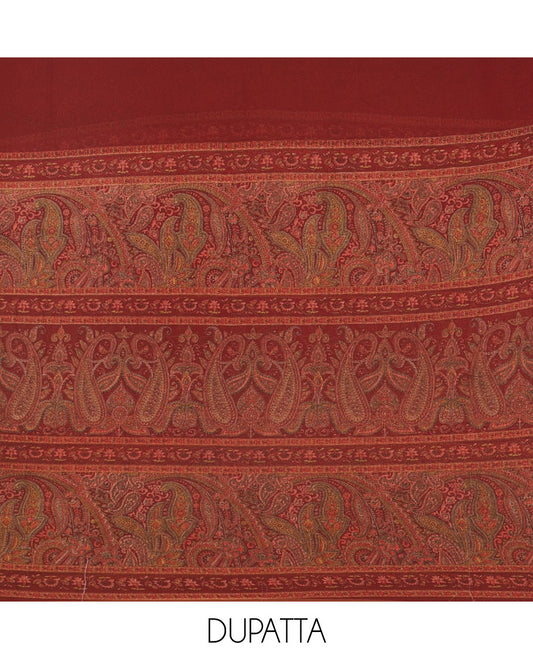 Reddish maroon Italian crepe material chudidar set, paisley printed top, plain bottom, and floral-paisley printed georgrette dupatta