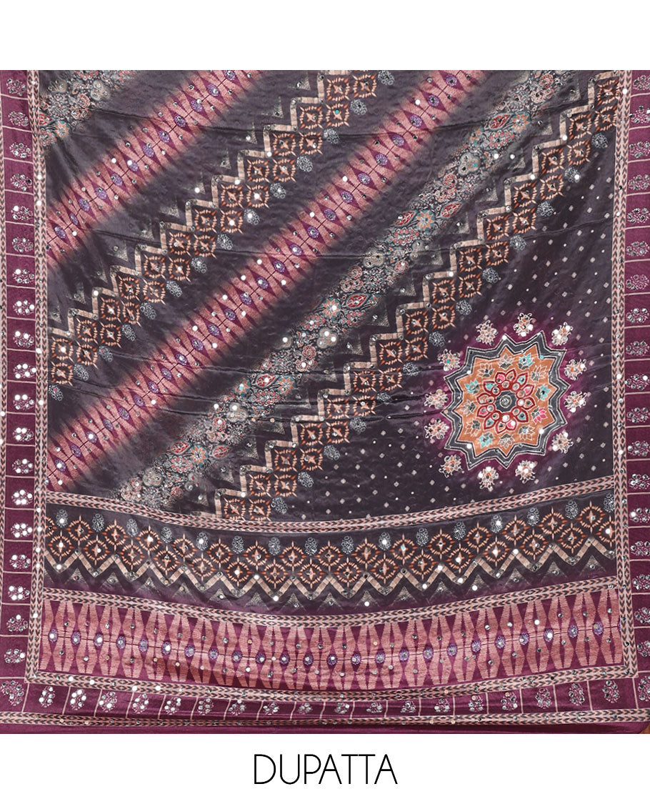 Black & magenta material chudidar set, Arjrakh print & mirror work Masakali crepe top,santoon bottom & Arjrakh print & mirrorwork chinon dupatta