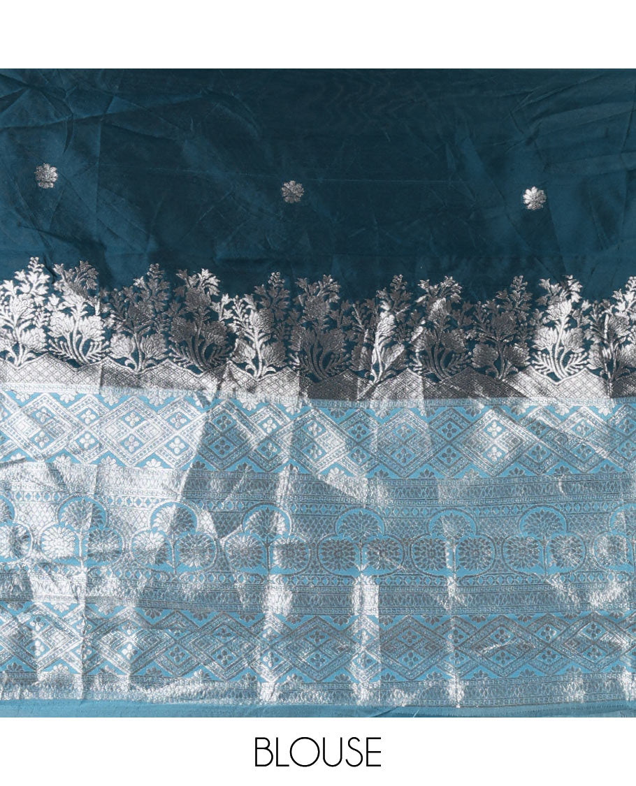 Bottle green-blue taffeta silk half-saree, zari buttas & contrast floral-geometric zari border skirt, zari woven blouse & contrast zari woven dhavani