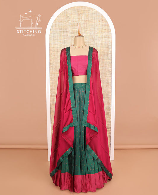 Dark green striped, buttas poly-cotton half saree with contrast border, plain blouse & plain, striped border dhavani