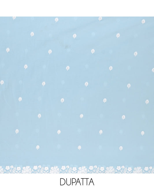 Blue material chudidar set, floral thread embroidered georgette top, plain bottom, and floral motifs embroidered scallop georgette dupatta