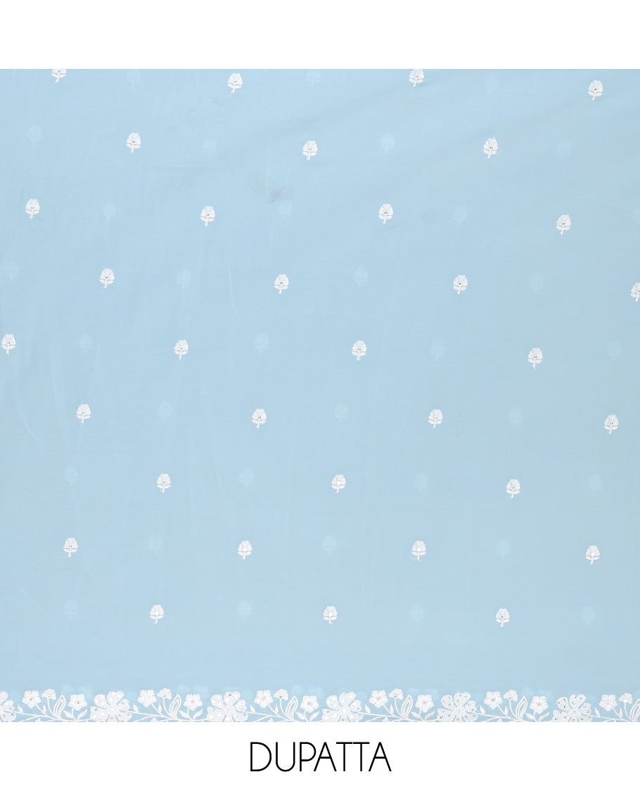 Blue material chudidar set, floral thread embroidered georgette top, plain bottom, and floral motifs embroidered scallop georgette dupatta