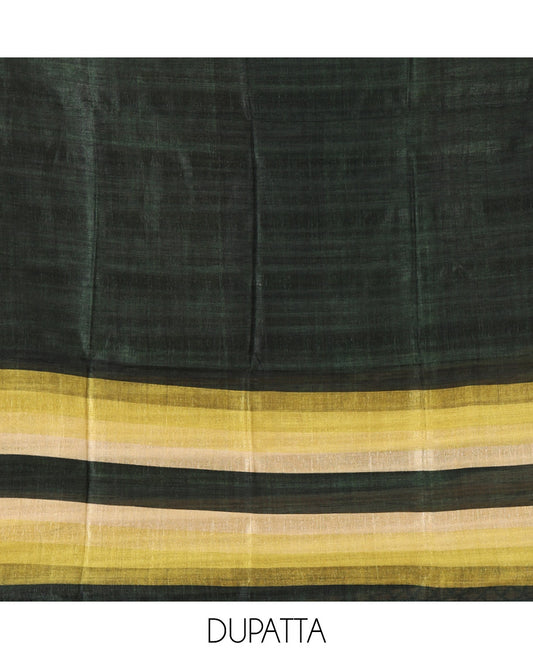 Green material chudidar set, horizontal ombre striped semi-tussar top, plain santoon bottom & horizontal ombre striped dupatta with tassels