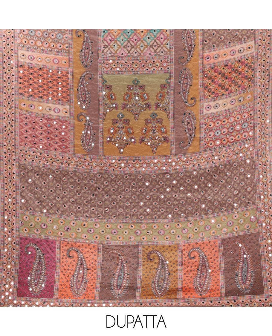 Brown churidar material set, Ajrakh-printed neck with Schiffli embroidery & mirror work georgette top, kalidoscopic-colored dupatta of ajrakh print & mirror embroidery & plain crepe bottom