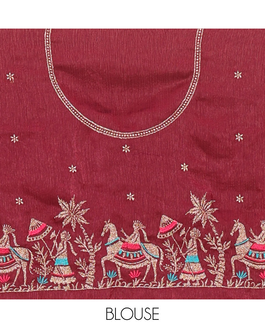 Wine half-saree, Swarovski stone work with girl-on-the-horse motifs embroidered bordered satin georgette skirt, a matching satin georgette blouse, and a contrast Swarovski stone work scallop dhavani