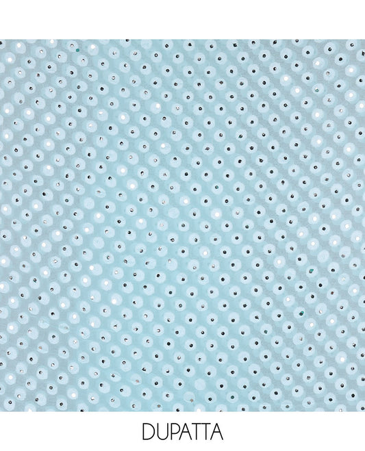 Blue material churidar set, stone work with Schiffli style embroidered georgette top, American Crape bottom, and polka dotted printed mirror work dupatta