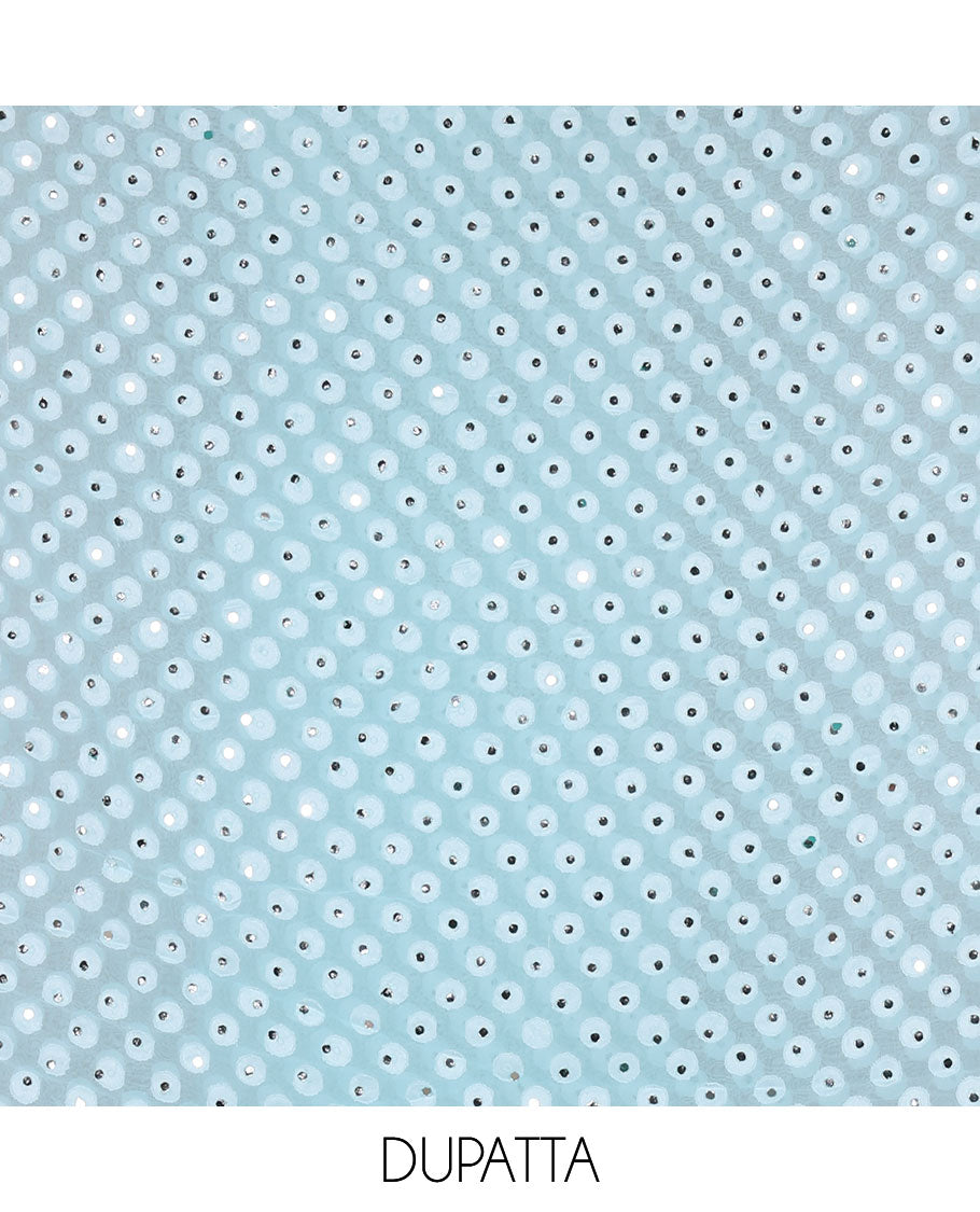 Blue material churidar set, stone work with Schiffli style embroidered georgette top, American Crape bottom, and polka dotted printed mirror work dupatta