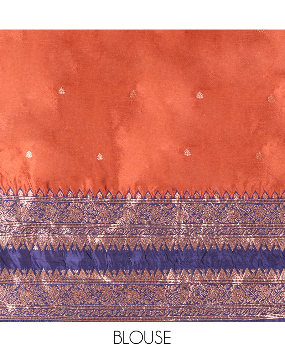 Rust and Blue Semi-Banarasi Half-Saree, Accentuated with Zari Buttas on Its Skirt, Complemented by a Contrast Rettai Pettu Traditional Zari-Design Border, Paired with a Matching Blouse, and Comes with a Contrast Satin Georgette Embroidered Dhavani