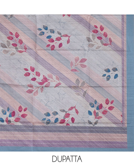 Blue semi-tussar material chudidar set,geometric & kantha print top,heathered plain bottom & dupatta of geometric & floral print