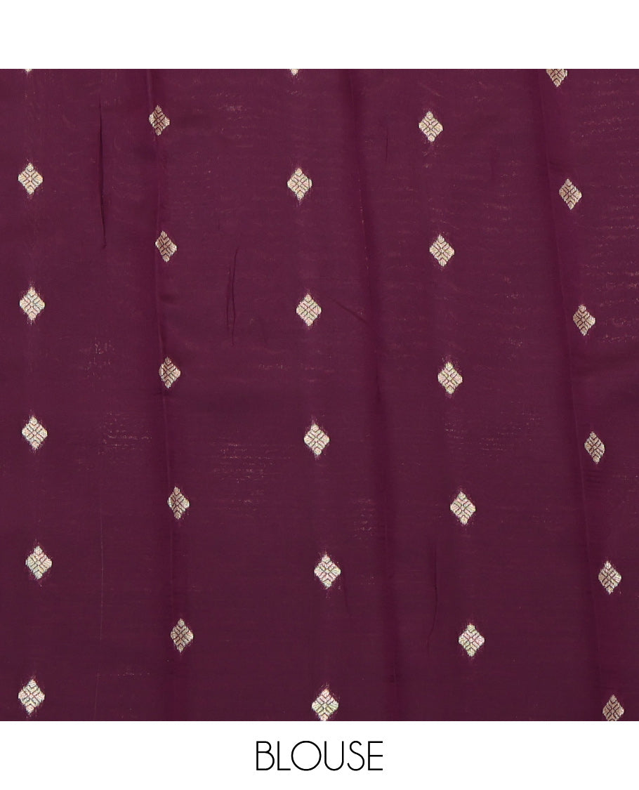 Mustard Litchi Saree, Gleamed Up with Zari Buttas and Checks, a Contrast Traditional Zari Border, Grand Pallu, and a Contrast Blouse