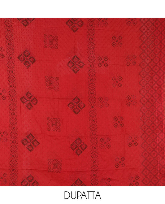 Black-maroon flex cotton material chudidar set, ikkat printed & oxidised charm woven top, contrast bottom & negative printed dupatta