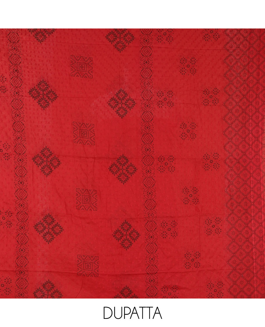 Black-maroon flex cotton material chudidar set, ikkat printed & oxidised charm woven top, contrast bottom & negative printed dupatta