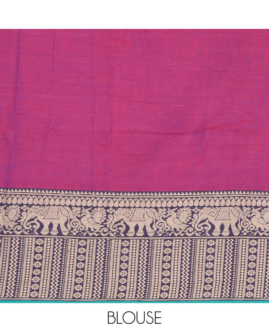 Purple cotton half saree with contrast elephant design border,elephant design blouse & elephant design border dhavani