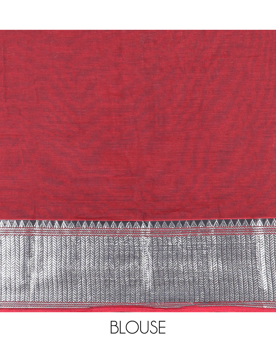 Red cotton half saree with contrast zari design border, zari design blouse & plain, zari design border dhavani