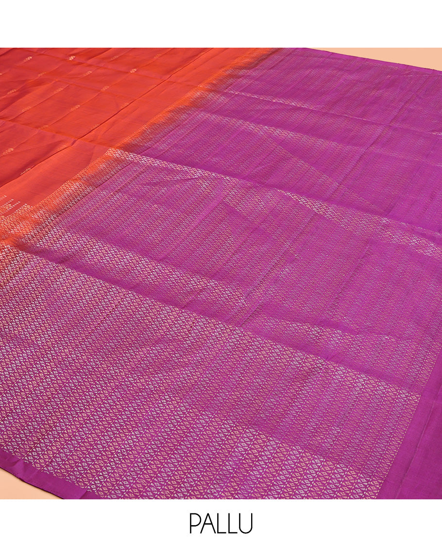 Rust Mayuri Soft Silk Saree, Subtly Eriched with Buttas All Over Its Body, Highlighted by Zari Geometric Patterned Border, Contrast Geometric Patterned Pallu, and Paired with a Contrast Blouse