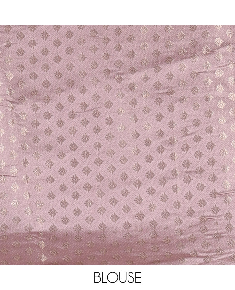 Cream and lavender semi-banarasi half-saree, zari buttas with contrast swarovski stone work border skirt, contrast zari buttas blouse, and intricate zari dhavani