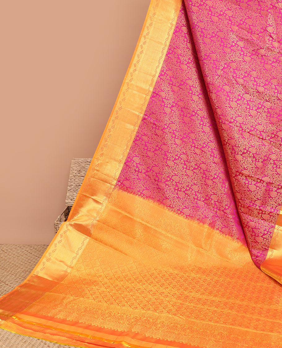 Pink floral jacquard kancheepuram silk saree with contrast zari design border & argyle design pallu