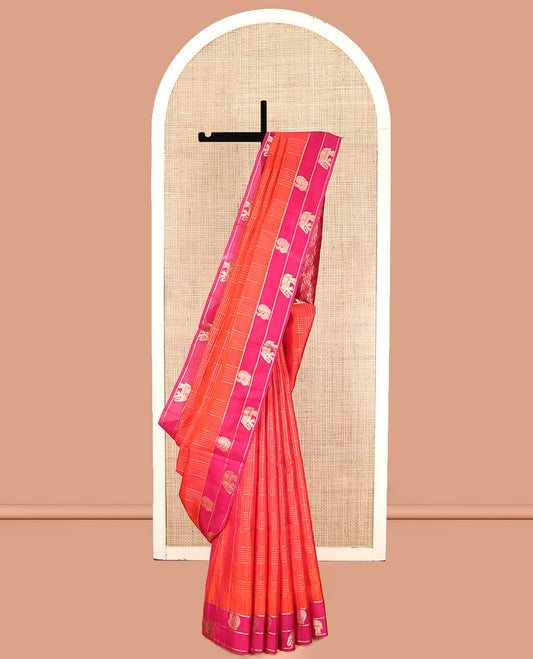 Orange Mayuri Lite Silk Mix Saree, Adorned with Zari Checks, Complemented by Contrast Mayil-Yaanai Border, Pallu of Mayil and Chakram, and a Contrast Blouse