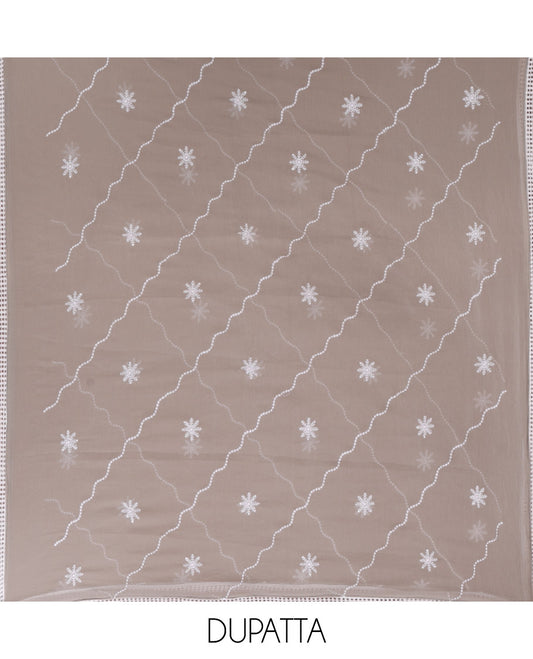 Grey chudidar material set, floral embroidery with daman crochet lace work jam cotton top, white thread argyle design embroidery with lace work nazlin dupatta, unique motifs printed bottom