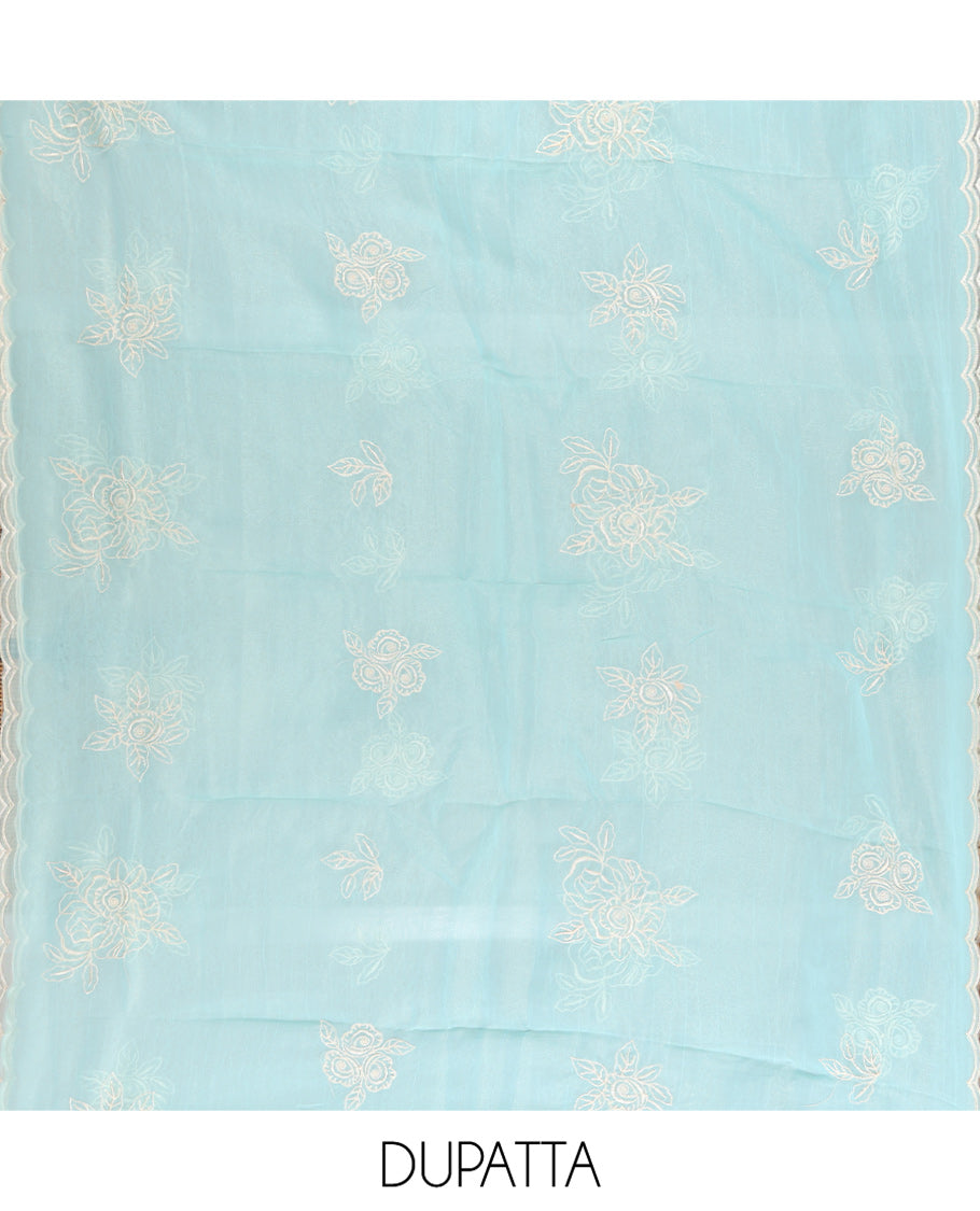 Blue Shimmer Georgette Material Chudidar Set, Meticulously Crafted with Floral Thread Embroidery on Its Top, a Plain Santoon Bottom, and Comes with a Floral Embroidered Shimmer Georgette Dupatta