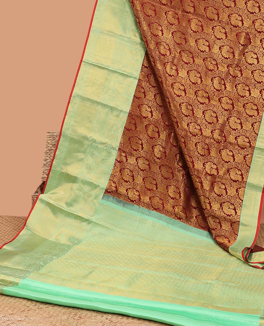 Red floral jacquard samudrika silk saree with contrast zari design border & floral, checked zari design pallu