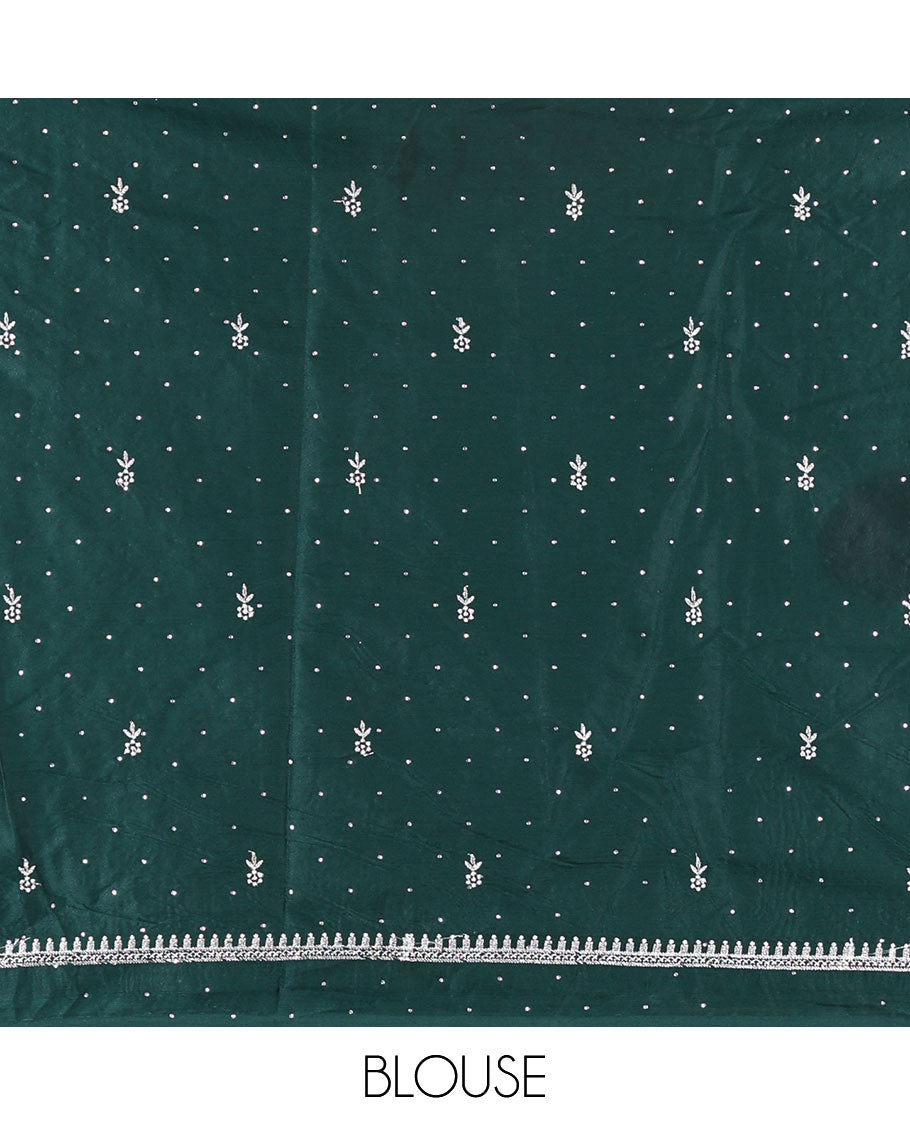 Dark Green half-saree, floral motifs embroidered semi raw silk top, matching embroidered blouse, and contrast scallop embroidered georgette dhavani